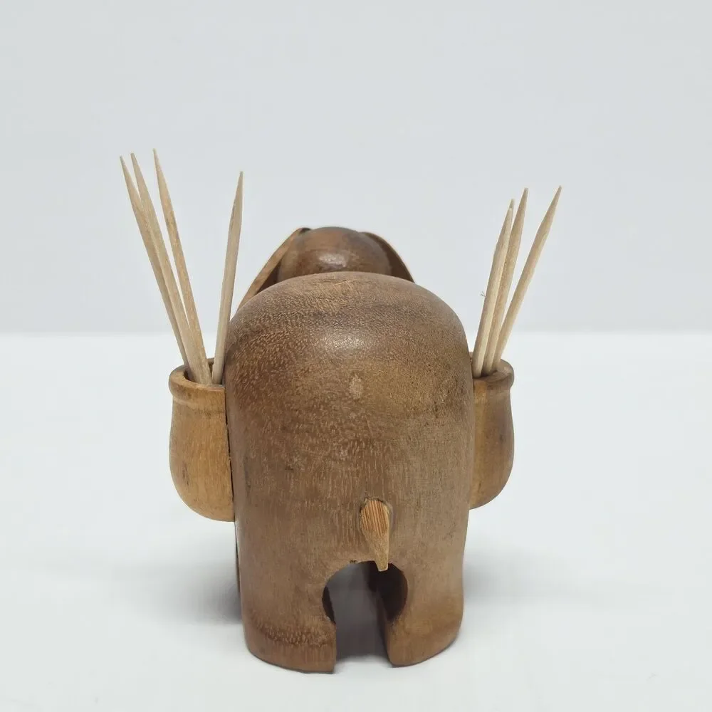 Vintage Wooden Elephant Toothpick Holder Kitchen Colonial Decor Appetizers As Is